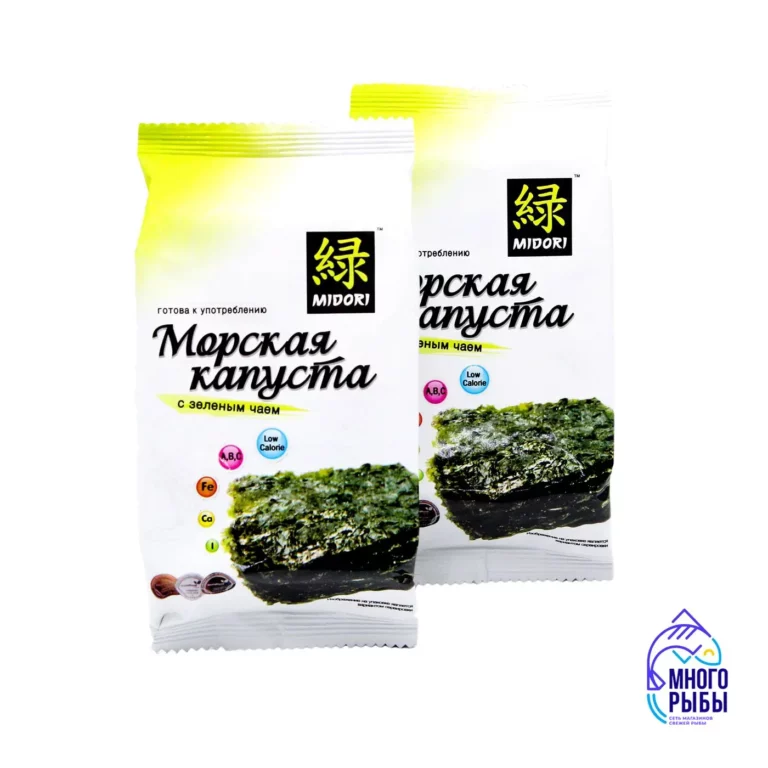 Нори со вкусом зеленого чая Морская капуста сушеная Midori обжаренная в кунжутном масле с экстрактом зеленого чая, масса нетто 5 гр.